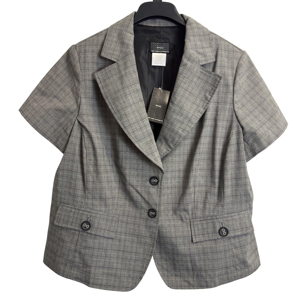 Vintage New York Clothing Co Womens 16 Grey Plaid Short Sleeve Blazer Jacket NWT